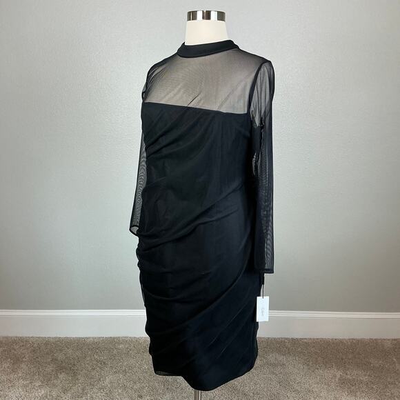 Calvin Klein Black Long Sleeve Sheath Cocktail Dress Size 22W Ruched Sheer Neck - Picture 4 of 12
